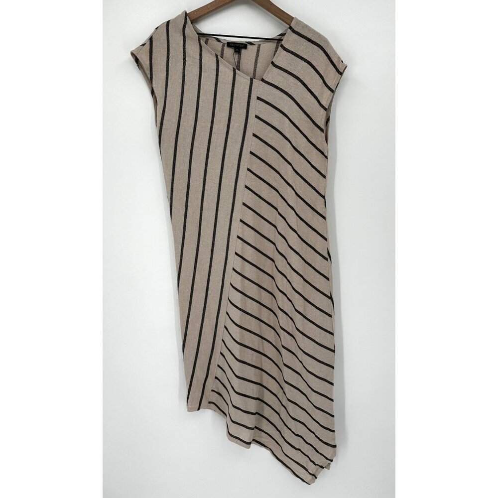 For Cynthia Linen Dress Women Medium Tan Stripped Asymmetrical Sleeveless NWOT